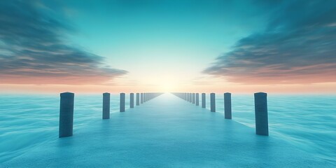 Obraz premium A serene pier extending into calm waters, leading towards a bright horizon with soft clouds and a gradient sky. Concept Scenic Pier, Calm Waters, Serene Horizon, Soft Clouds, Gradient Sky