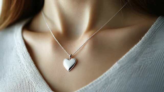 Heart-shaped necklace worn by a woman shows elegance and simplicity in soft lighting