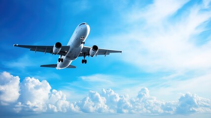 Obraz premium Aircraft ascending through the sky, symbolizing ambition and reaching new heights in personal and professional endeavors.