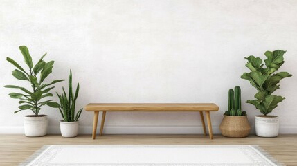Minimalist wooden bench with plants against a white wall.