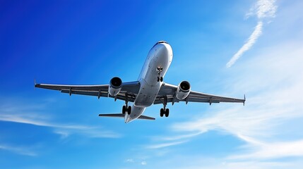 Naklejka premium Aircraft ascending through the sky, symbolizing ambition and reaching new heights in personal and professional endeavors.