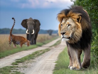 Obraz premium Majestic Wild Animals Set: Lion, Tiger, Elephant, Bear Close-Up Stock Photo