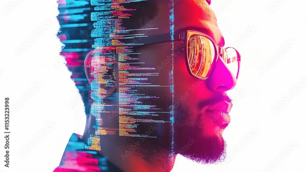 Poster innovative developer with holographic coding visualization concept