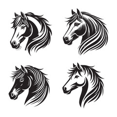 Black and White Horse Face Silhouette Vector Set - Equine Illustration Collection	
