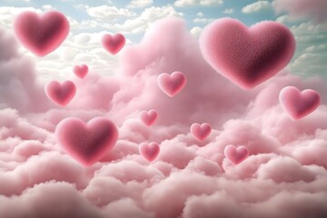 Obraz premium Dreamy Pink Hearts Floating Among Soft Clouds - Romantic Valentine's Day Background, Love and Affection Theme, Perfect for Weddings and Celebrations