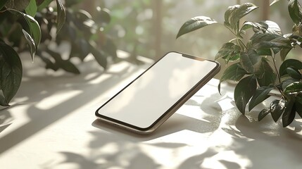 A smartphone mockup with an empty screen placed on a smooth white surface with soft light gradients