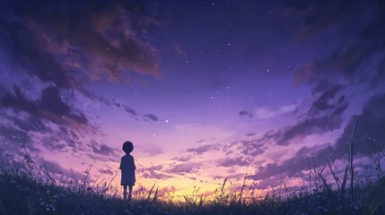 Obraz premium A silhouette of a child against a vibrant sunset sky filled with stars and clouds.