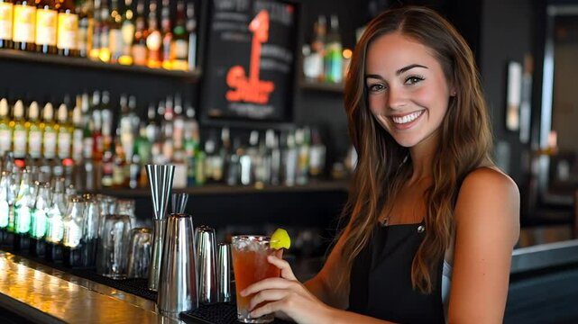 Young female bartender smiling at a bar