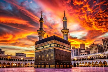Fototapeta premium Mecca Sunset Macro: Kaaba's Golden Glow at Dusk