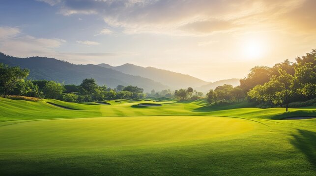 A serene golf course bathed in morning sunlight, Pristine fairways stretching towards distant hills, Classic scenic style