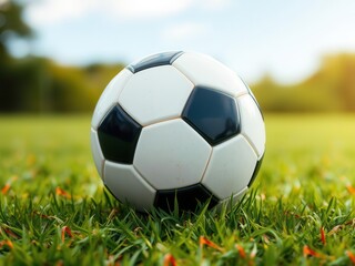 Fototapeta premium A Close-Up Image of a Classic Black and White Soccer Ball Resting on a Vibrant Green Grass Field Under a Bright and Clear Sky During a Sunny Day