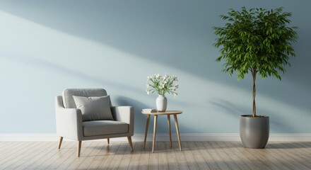 interior house solid color wall with chair & tree