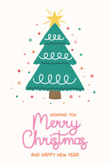 Colourful Christmas greeting card in cartoon style. Funny hand drawn decorated tree. Vector illustration