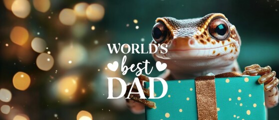 Adorable Gecko Holding Fathers Day Gift, Worlds Best Dad