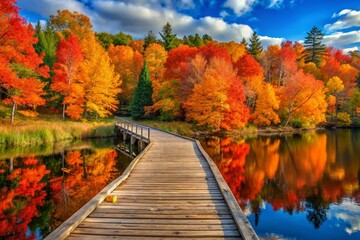 Obraz premium Michigan Upper Peninsula Autumn Boardwalk: Vibrant Fall Foliage and Scenic Pathway