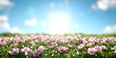 Fototapeta premium A vibrant field of pink flowers under a bright blue sky with sunlight shining in the background. Concept Flower Field Photography, Bright Blue Sky, Sunlit Landscape, Nature's Beauty, Vibrant Colors