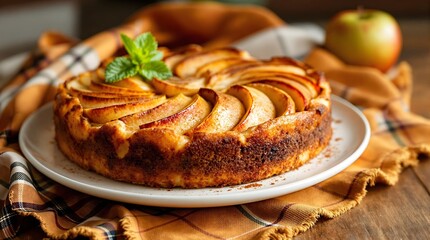 Eplekake (Traditional Norwegian Apple Cake) Garnished with Fresh Mint