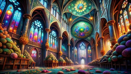 Obraz premium Microscopic Bacteria Close-Up & Gothic Cathedral Interior: A Striking Juxtaposition of Science & Architecture