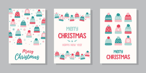 Collection of Christmas posters with decorations in cartoon style. Greeting card with hand drawn winter hats. Vector illustration