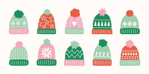 Cute hand drawn winter hat set. Christmas elements. Vector illustration