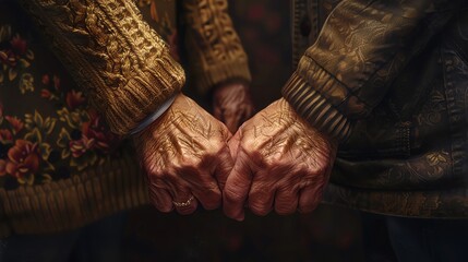 Close-up of two elderly hands touching.