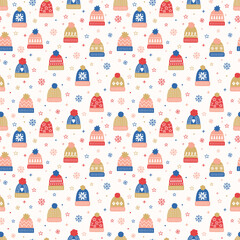 Colourful seamless pattern with cute cartoon winter hats. Vector illustration