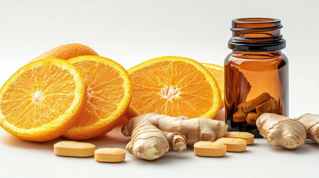 A bottle of natural supplement sits next to vibrant orange slices and fresh ginger roots, highlighting the relationship between natural ingredients and health benefits in a well-lit atmosphere