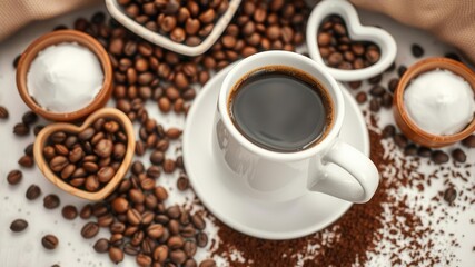 Obraz premium Freshly Brewed Coffee in a White Cup Surrounded by Heart-Shaped Bowls of Sugar and Coffee Beans on a Rustic Wooden Table