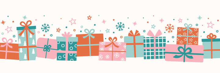 Christmas banner in cartoon style. Colourful gift boxes with bows. Vector illustration