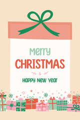 Christmas poster in cartoon style. Greeting card decorated with gift boxes. Vector illustration