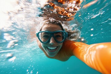 Naklejka premium Young woman freediving in ocean wearing dive mask and taking selfie