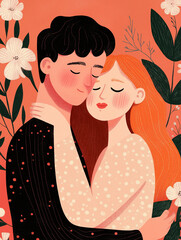 Fototapeta premium Romantic Happy Couple Hugging with Heart Balloons – Valentine's Day Concept Illustration