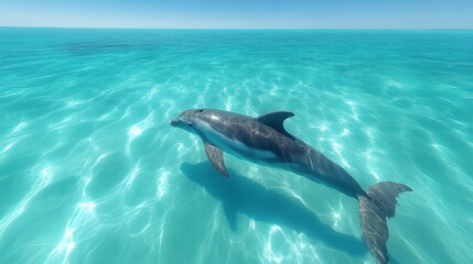 Obraz premium Dolphin swimming in turquoise ocean.