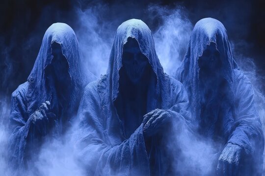 Three hooded figures shrouded in swirling blue mist, embodying an eerie and supernatural presence in a dark, atmospheric setting.