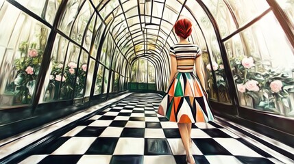 Illustration of woman with dress walking in Victorian green house.