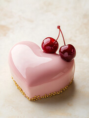 Heart-Shaped Pink Cake with Cherry Glaze and Gold Accents