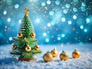 Obraz premium Miniature Christmas Card: Blue Snowflakes & Golden Christmas Tree