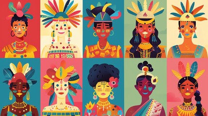 Naklejka premium A digital illustration of ten colorful portraits of women.