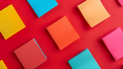 Obraz premium A flat lay of colorful sticky notes on a red background.
