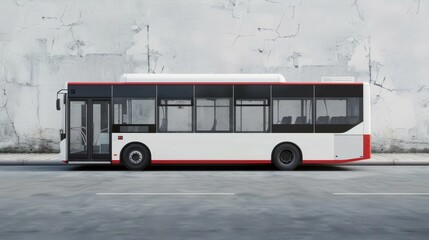 A white and red bus is parked on the side of the road