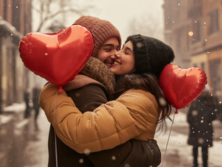 Romantic Happy Couple Hugging with Heart Balloons – Valentine's Day Concept