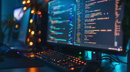 A person coding on a laptop at night with string lights in the background.