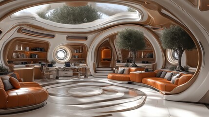 Futuristic home interior with organic shapes, orange sofas, and olive trees.