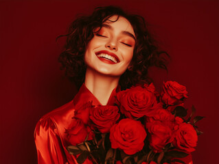 Romantic Woman in Red Silk Blouse Holding Rose Bouquet 