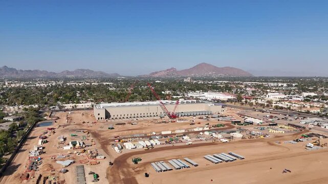 Drone footage over the QTS Data Center under construction in downtown Phoenix in Nvidia, Arizona