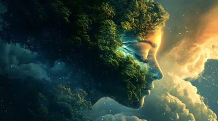 Serene Woman with Nature Elements Merging in a Dreamy Atmosphere, Symbolizing Harmony Between Humanity and the Environment in a Surreal Landscape