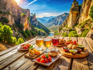 Fototapeta premium Stunning Caminito del Rey: savor Andalusian cuisine against breathtaking mountain vistas.