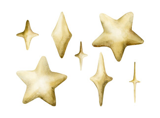 Obraz premium Cute stars, sparkles and twinkles set. Watercolor hand drawn illustration isolated on white background for baby design