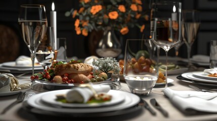 Fototapeta premium A table setting with a roasted chicken, side dishes, wine glasses, and candles.