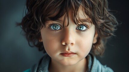 Fototapeta premium A close up portrait of a young boy with curly brown hair and striking blue eyes.